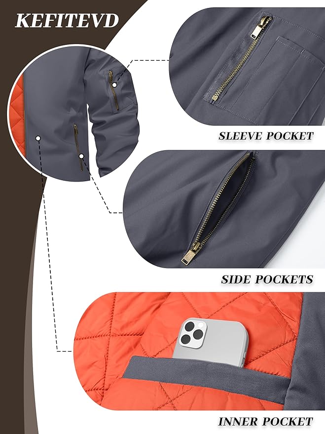 KEFITEVD Men's Jacket Casual Windproof Bomber Jackets Full Zip Windbreaker Warm Winter Padded Coats