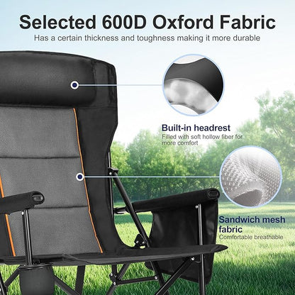 LET'S CAMP Oversized Camping Chairs 29.52" High Back Heavy Duty Lawn Chair Support 500LBS, Portable Collapsible Chair with Cup Holder, Side Pocket(Black)