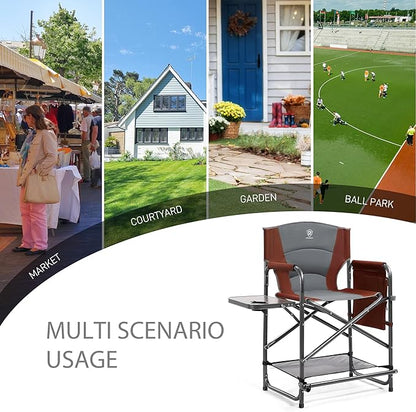 EVER ADVANCED Medium Tall Directors Chair Foldable Makeup Artist Chair Bar Height with Side Table Cup Holder and Pocket Footrest, Supports 400LBS (Red Brown, Seat Height: 23.2 inches)