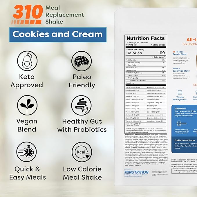 310 Nutrition All-In-One Meal Replacement Shake Powder - Plant-Based Protein Smoothie Blend w/High Fiber, Probiotics & Adaptogens - Low Carb, Vegan, Keto & Paleo Friendly - Cookies N Cream - 28 Srv