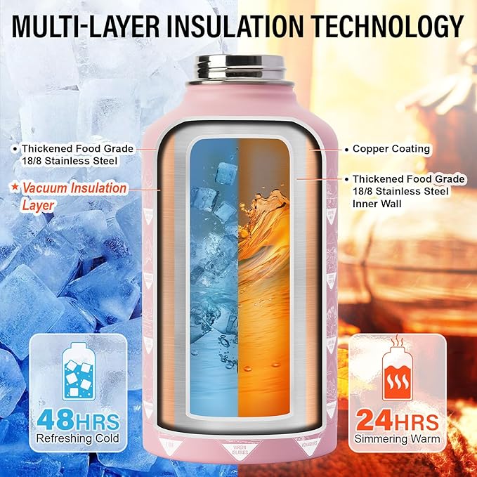 Insulated Water Bottle | Thickened Stainless Steel Vacuum Metal | Portable Sports Half Gallon Large Water Jug for Gym and Hiking with Straw, Carrier Bag, Handle Strap | BPA-Free 64 oz