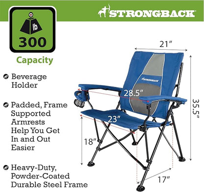 STRONGBACK Elite Folding Camping Lawn Lounge Chair Heavy Duty Camp Outdoor Seat with Lumbar Support and Portable Carry Bag - Navy/Grey