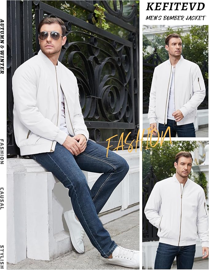 KEFITEVD Men's Jacket Casual Windproof Bomber Jackets Full Zip Windbreaker Warm Winter Padded Coats