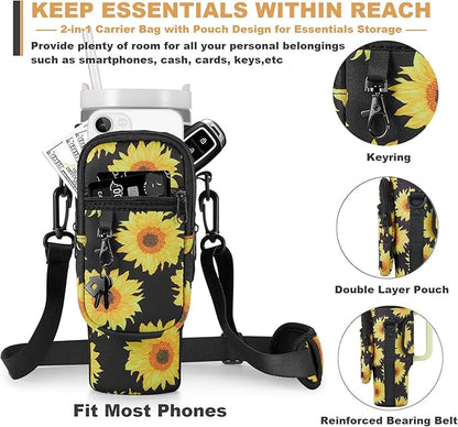 Water Bottle Carrier Bag with Phone Pocket for Stanley 40 & 30 oz Tumbler with Handle,Pink Insulated Neoprene Cup Holder Pouch w/Adjustable Strap for Quencher H2.0 Stanley Cup Accessories