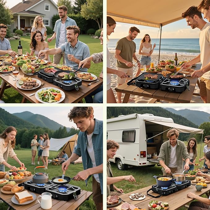 Camping Stove Portable Propane Camp Stove with Independently Adjustable Heat & Carry Bag, Foldable Gas Stove with 2 Burners for Outdoor Cooking,Tailgating & Backyard Gathering,BBQ (Black)