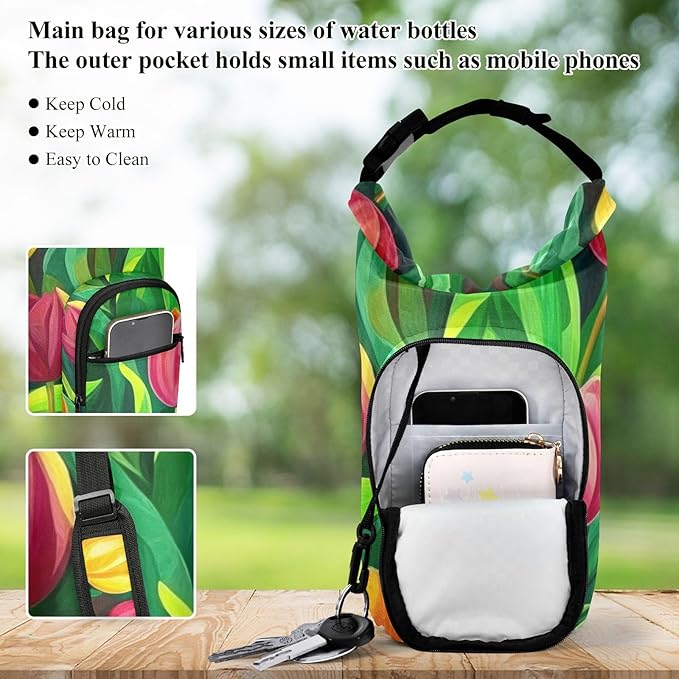 Colorful Tulips Water Bottle Holder with Strap Insulated Water Bottle Carrier Crossbody Bags Pouch with Phone Pocket for Travel Gym Hiking Walking Running