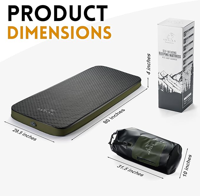 4″ Self-Inflating Sleeping Pad with Memory Foam – Thick Camping Mattress for Adults, Portable Bed with Waterproof Bag, Heavy-Duty 1,540 lb Support – Arslan Essentials