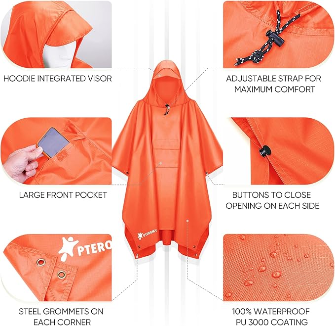 PTEROMY Hooded Rain Poncho for Adult with Pocket, Waterproof Lightweight Unisex Raincoat for Hiking Camping Emergency