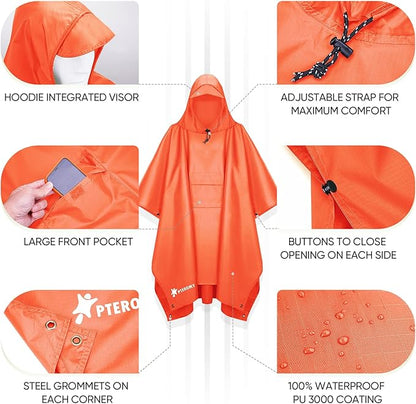 PTEROMY Hooded Rain Poncho for Adult with Pocket, Waterproof Lightweight Unisex Raincoat for Hiking Camping Emergency