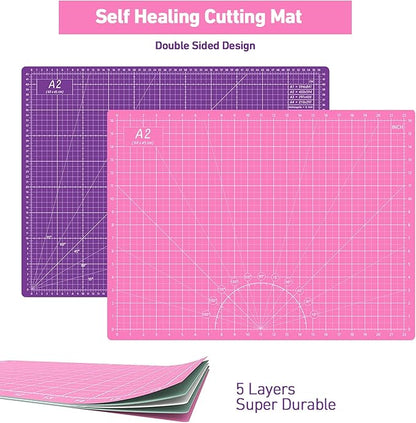 Rotary Cutter Set Pink - Quilting Kit incl. 45mm Fabric Cutter, 5 Replacement Blades, A2 Cutting Mat, Acrylic Quilting Ruler and Sewing Clips, Craft Knife Set, Ideal for Crafting, Sewing, Patchworking
