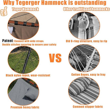 TegerDeger 12FT 2 Person Hammock with Stand Included 55 x 79IN Large Hammock 450LB Capacity with Hardwood Spreader Bar & Nylon Rope for Outside, Patio, Garden, Backyard, Beach, Poolside - Brown