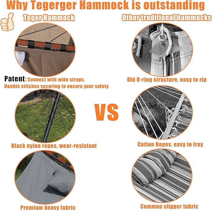 TegerDeger 12FT 2 Person Hammock with Stand Included 55 x 79IN Large Hammock 450LB Capacity with Hardwood Spreader Bar & Nylon Rope for Outside, Patio, Garden, Backyard, Beach - Red