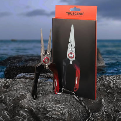 TRUSCEND Lockable Handy Fishing Pliers with Innovative Ergonomic Handle, Saltwater Corrosion Resistant Teflon Coated Fishing Tool, Multi-Function Fishing Gear with Mo-V Cutter, Amazing Fishing Gift