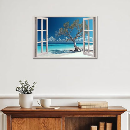 ANRUOXI Beach Picture Wall Art for Living Room, Blue Ocean Painting Decor for Bedroom, White Window Frame Style Palm Trees Canvas Wall Decor, Coastal Landscape Artwork for Offices Bedroom 12x18 Inch