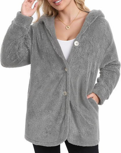 MANGOPOP Womens Fleece Jacket 2025 Winter Oversized Fuzzy Hooded Coat Button Cardigan Sherpa Sweaters Outerwear with Pockets