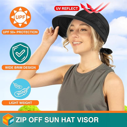 SUN CUBE Women Sun Hat for Outdoor UV Protection, Wide Brim Sun Hat Ponytail, Convertible Zip-Off Beach Hat Visor