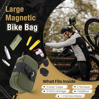 Lumiere & Co. Falcon Magnetic Saddle Bag– 0.69L | 6”x 3.5”x2 | Sleek Minimalist Design, Fast Magnetic Buckle Attachment | Cycling Bike Bag (Green, Large)