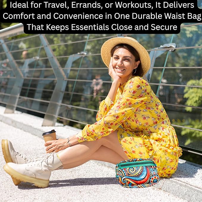 Yewande&co Neoprene Fanny Pack Belt Bag – Lightweight Waterproof Waist Bag with Adjustable Strap, 3 Zippered Pockets, Crossbody Belt Bag for Travel, African Design Crossbody Bags (Waves)