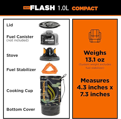 Jetboil Flash 1.0L Portable Fast Boil Stove for Camping and Backpacking with 1-Step Auto Ignition, New for 2025, Propane/Isobutane Burner with Cooking Cup