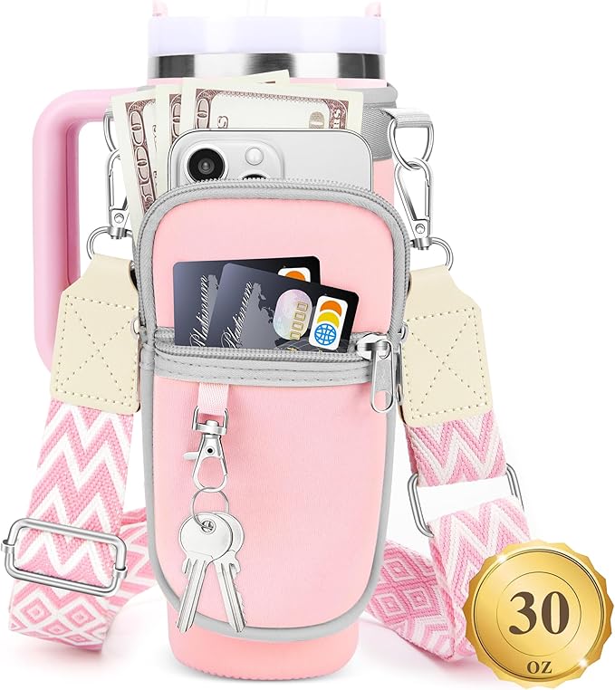 Water Bottle Carrier Bag with Strap for Stanley 40/30 oz Tumbler with Handle, Water Bottle Holder Pouch with Phone Pocket for Stanley Cup Accessories, fit Walking Hiking Travel