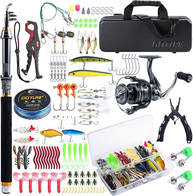 Goture Fishing Rod and Reel Combos-Telescopic Fishing Pole Spinning Reel Lures Set with PC Hard Shell Suitcase, Telescopic Rod Reel Combo Kit for Starter Travel Saltwater, Gifts for Men