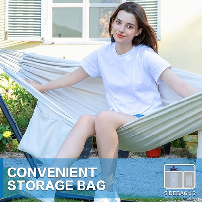 PNAEUT Double Hammocks with Stand for Outside, Portable Space Saving Heavy-Duty Steel Stand for Indoor Outdoor Patio with Carrying Bag, 450 lbs Capacity (Beige)