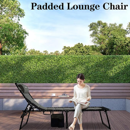 Outdoor Folding Lounge Chair Padded for Adults 264Ibs Patio Chaise Lounge Chair for Outside 5-Position Adjustable Reclining Beach Chair with Pillow Pocket