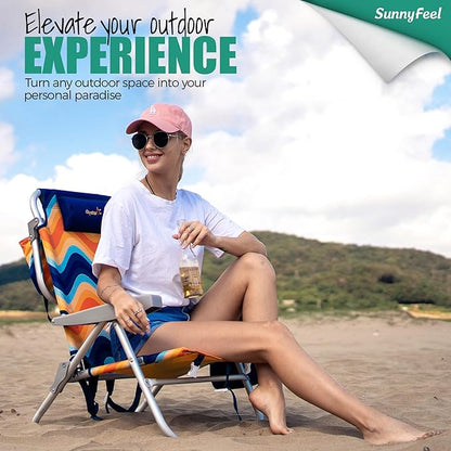 SUNNYFEEL Beach Chairs for Adults 2 Pack 5 Position Lay Flat, Portable Folding Backpack Beach Chair Heavy Duty with Cooler Bag, Cup Holder for Outdoor/Lawn/Picnic, Foldable Camping Chair