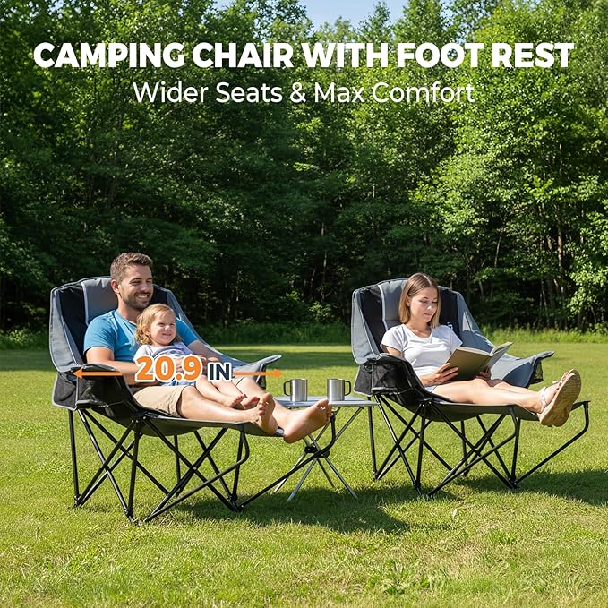 Camping Chair with Removable Footrest, Oversized Outdoor Chair with Headrest & Cup Holders, 400lb Capacity Lawn Chair for Sports Backyard Fishing