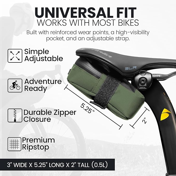 ALMSTHRE Signature Bike Saddle Bag – Hunter Green | 0.5L Bike Seat Bag (3" x 5.25" x 2") | Water-Resistant Ripstop, Waterproof Zipper, Internal Pocket | Durable Under Seat Storage