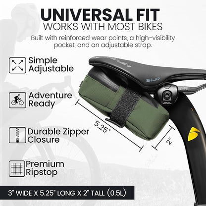 ALMSTHRE Signature Bike Saddle Bag – Hunter Green | 0.5L Bike Seat Bag (3" x 5.25" x 2") | Water-Resistant Ripstop, Waterproof Zipper, Internal Pocket | Durable Under Seat Storage