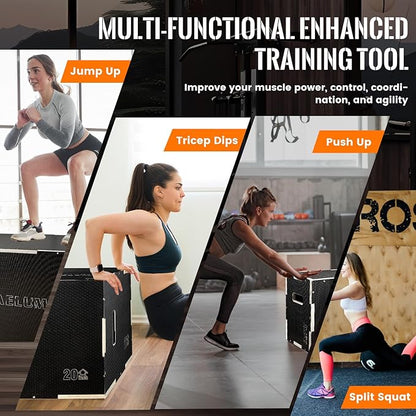 CAELUM 3-in-1 Wood Plyo Box - Non-Slip Plyometric Jump Box for Home & Gym, 400lbs Bearing Fitness Launch Box for Jumping Squats Step-ups Strength Training