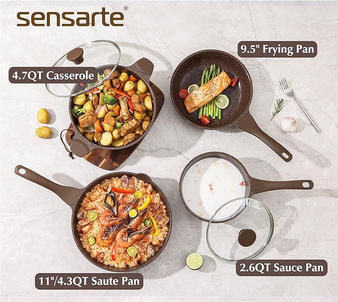 SENSARTE Nonstick Cookware Set 13-Piece, Healthy Pots and Pans Set Kitchen Cooking Set with Stay-Cool Handles, Silicone Utensils and Pot Protectors, PFOA Free