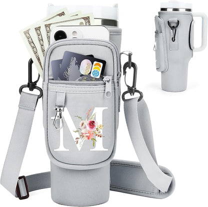 Initial Water Bottle Holder with Strap for Stanley 40 oz Tumbler/Simple Modern 40 oz Tumbler,Water Bottle Carrier Bag with Strap,Personalized A-Z Phone Pocket for Stanley Cup Accessories