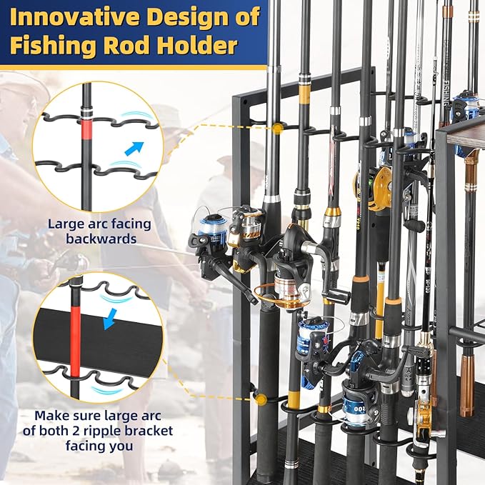 Olakee Fishing Rod Holder, Fishing Pole Holders for Garage Boat Home Entryway Fishing Gear Storage with Tackle Cart Ideal Gift for Men Dad Anglers Corner Design for Rods and Equipment Organizers