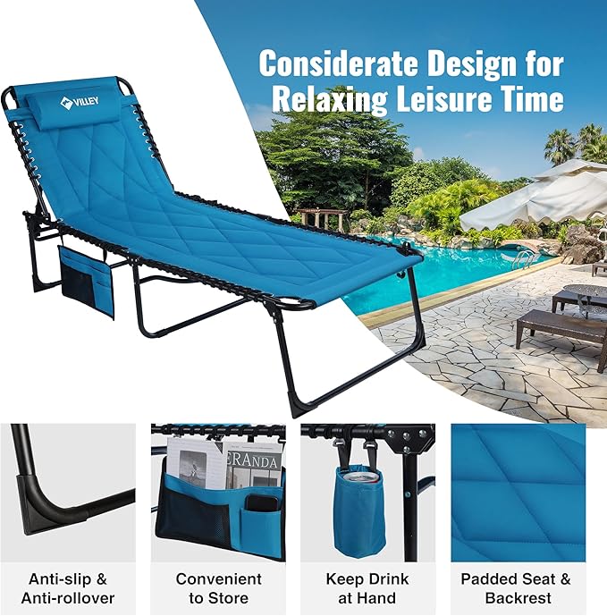 VILLEY Oversized Padded Chaise Lounge with Cushion, Foldable Camping Cot, Patio Reclining Lounge Chairs, Folding Sleeping Bed for Outdoor, Indoor, Backyard, Garden, Camping, Relaxing, Beach Tanning