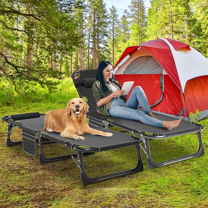 Camping Cot, Adjustable 4-Position Adults Reclining Folding Chaise with Pillow, Outdoor Portable Lounge Chair Sleeping Cots Bed, Perfect for Camping, Pool, Beach, Patio