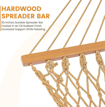 Lazy Daze Hammocks Double Rope Hammock, 2 Person Traditional Outdoor Hand Woven Cotton Rope Hammock with Spreader Bar, Chains, Tree Straps for Patio Yard - Max 450 Lbs, Tan