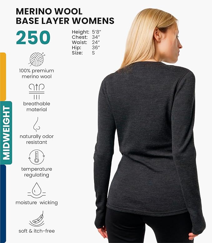 Merino.tech Merino Wool Base Layer Women - 100% Merino Wool Heavyweight, Midweight, Lite Long Sleeve Thermal Shirt and Socks
