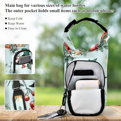 Red Bow Christmas Holly Water Bottle Holder with Strap Insulated Water Bottle Carrier Crossbody Bags Pouch with Phone Pocket for Travel Gym Hiking Walking Running