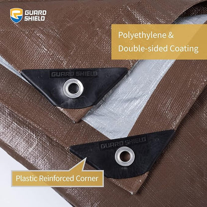 GUARD SHIELD Tarps Heavy Duty Waterproof 20x20 Feet Brown/Bright Silver Poly Tarp Cover Square Outdoor Thick UV Resistant Tarpaulin with Grommets 10mil