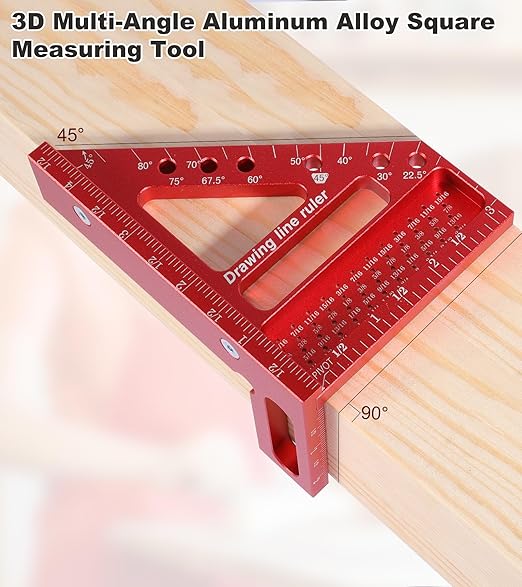 TRZZ 3D Multi-Angle Measuring Ruler, Precision Woodworking Carpenter Square for 0-90° Angles, Aluminum Alloy Tool for Engineering, Construction, and DIY Projects (Red)