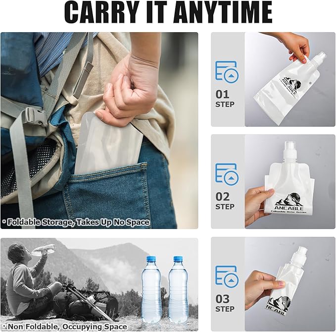 17oz Collapsible Water Bottles, 3-Pack Reusable Travel Foldable Water Bottles for Hiking Camping Running Bike, BPA-Free Water Bottle, White