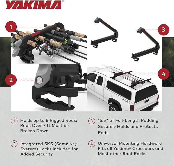 Yakima Fishing Pole Rod Car Rack Mount, ReelDeal 4 Ski & 2 Snowboard Holder w/ SKS Locks - Heavy-Duty and Portable Vehicle Storage Accessories for Travel Organization