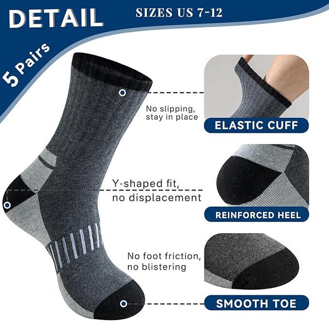 Josnown Thermal Hiking Socks Men 5 Pairs Warm Winter Thick Cushion Moisture Wicking Crew Boot Socks for Men, Size 7-12
