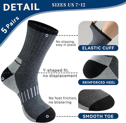 Josnown Thermal Hiking Socks Men 5 Pairs Warm Winter Thick Cushion Moisture Wicking Crew Boot Socks for Men, Size 7-12