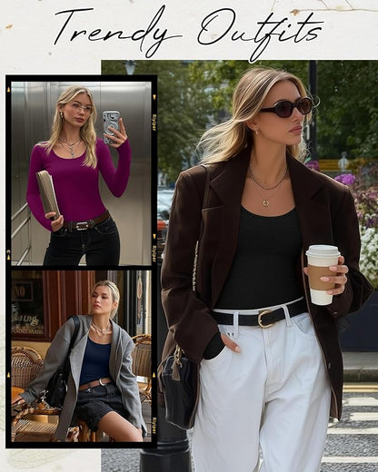 Riyiper 3 Pack Women's Thermal Long Sleeve Shirts, Fleece Scoop Neck Fitted Top Stretchy Thumb Holes Undershirt Baselayer Tee