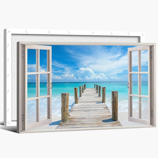 ANRUOXI Beach Pictures Wall Art Decor for Living Room, Blue Ocean Painting for Bedroom, White Window Frame Style Sea Bridge Canvas Wall Decor, Coastal Landscape Artwork for Office Bedroom 32x48 Inch