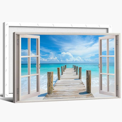ANRUOXI Beach Pictures Wall Art Decor for Living Room, Blue Ocean Painting for Bedroom, White Window Frame Style Sea Bridge Canvas Wall Decor, Coastal Landscape Artwork for Office Bedroom 18x24 Inch