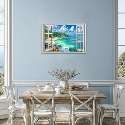 ANRUOXI Beach Window Canvas Wall Art, Enclosed Bedroom Living Room Ocean Coastal Channel Scene Picture, Tropical Sea Landscape Painting Print Artwork Horizontal Seascape Artwork for Bedroom 24x36 Inch
